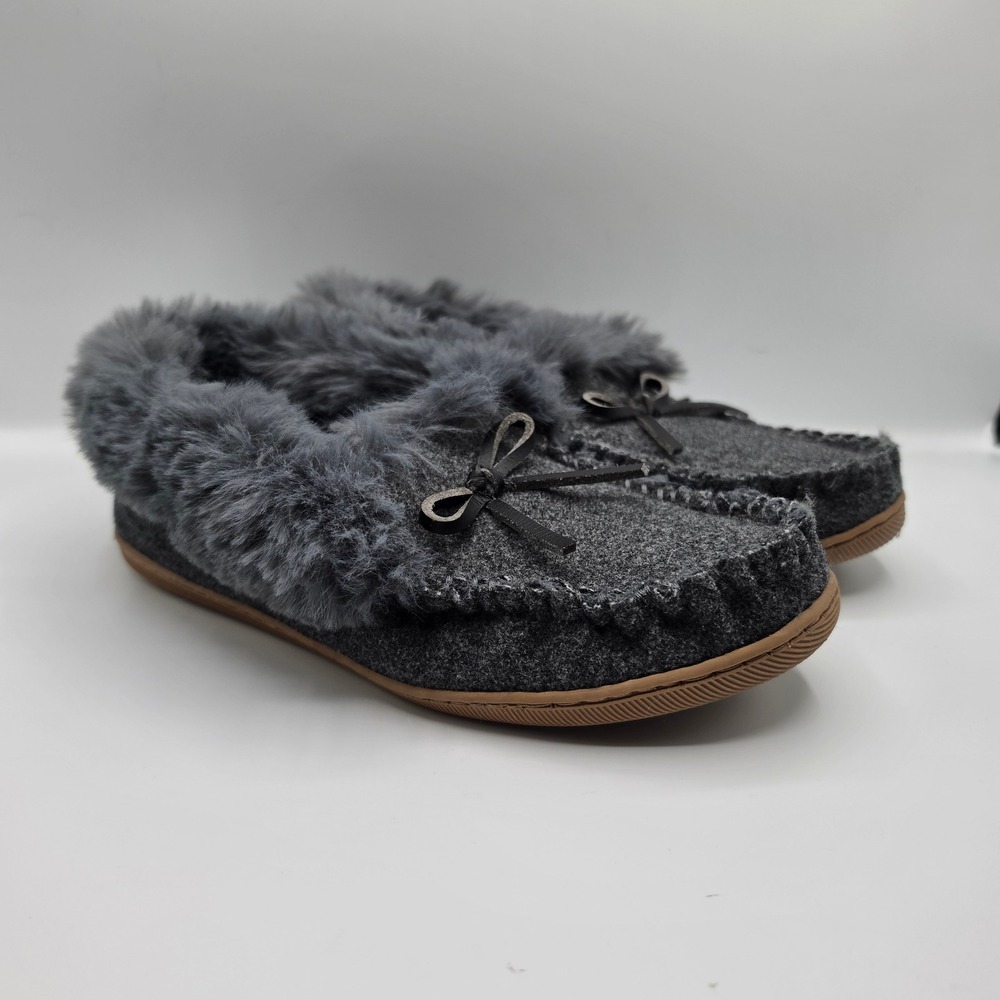 J.Crew Womens Heathered Grey Wool Faux Fur Moccasin Slippers Size 8 Bow Detail